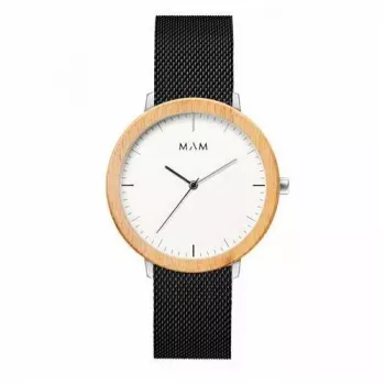 MAM MAM687 Unisex 39mm Teakholz Uhr mit schwarzem Lederarmband