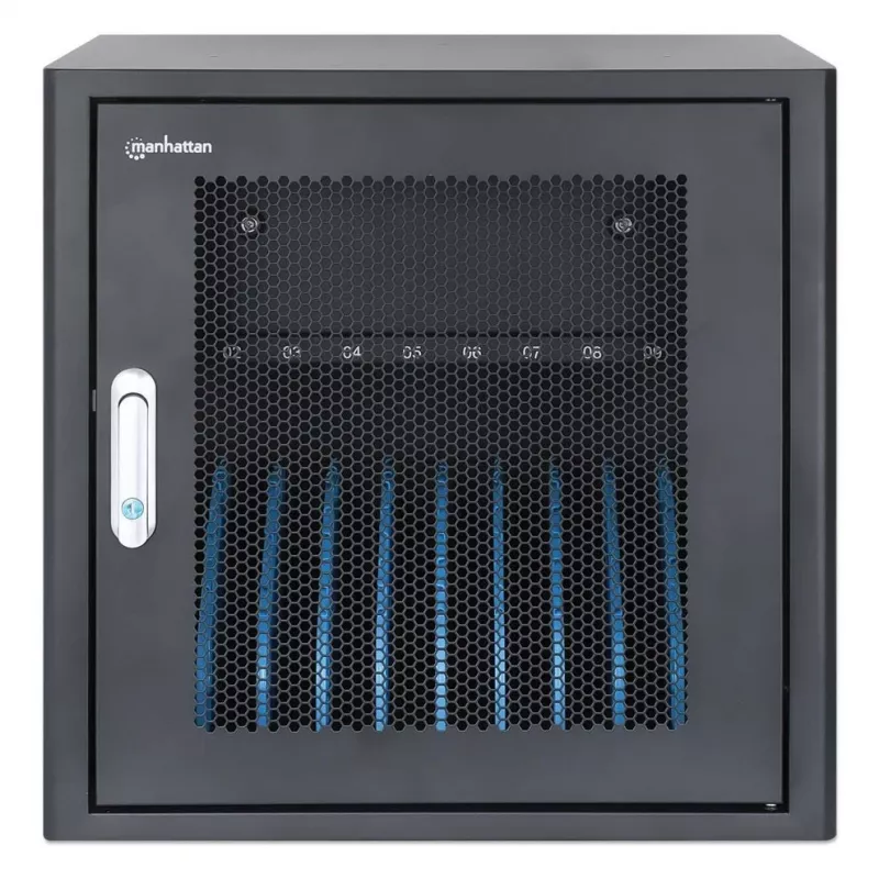 Manhattan 10-Bay Laptop-Ladenschrank Desktop über AC-Adapter (EU) – abschließbarer Stahlwagen für Laptops bis 16 Zoll, iPads, MacBooks, Chromebooks