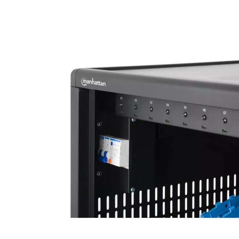 Manhattan 12-Fach USB-C Laptop-Ladeschrank auf Rollen, 65W pro Port, 780W gesamt, Stahl, Schwarz, UK- und EU-Kabel, 395x32,5x290mm Fächer