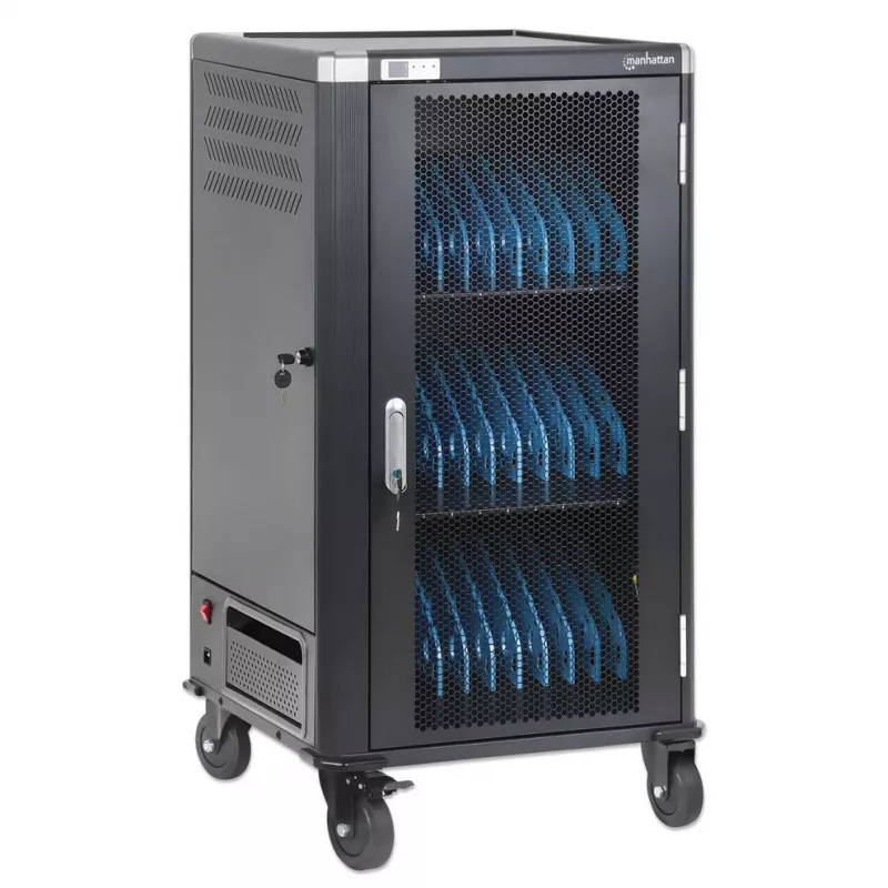 Manhattan 30-Bay Laptop-Ladewagen/-Trolley über AC-Adapter (EU) - Abschließbarer Stahlschrank, 220-240V, 2300W, CEE 7/7-Stecker, 3m Kabel, 4 Rollen