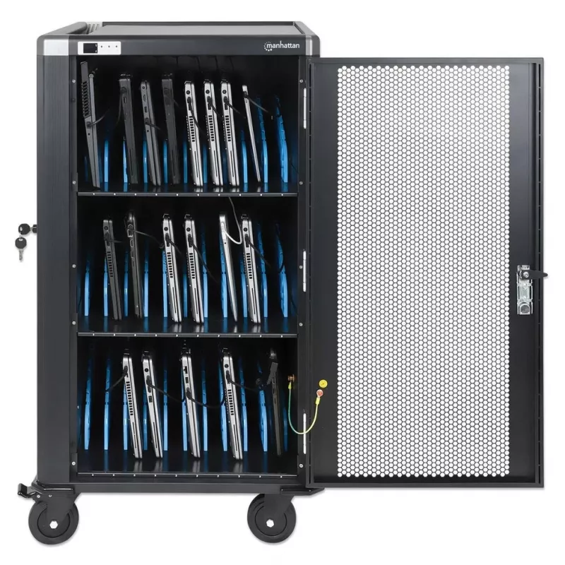 Manhattan 30-Bay Laptop-Ladewagen/-Trolley über AC-Adapter (EU) - Abschließbarer Stahlschrank, 220-240V, 2300W, CEE 7/7-Stecker, 3m Kabel, 4 Rollen