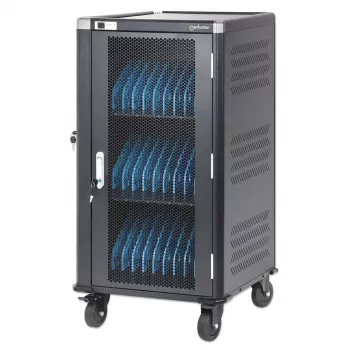 Manhattan 30-Bay Laptop-Ladewagen/-Trolley über AC-Adapter (EU) - Abschließbarer Stahlschrank, 220-240V, 2300W, CEE 7/7-Stecker, 3m Kabel, 4 Rollen