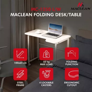 MCN Maclean Klapptisch L-förmig Weiß 100x65 cm mobil mit feststellbaren Rollen MC-1250 L/W