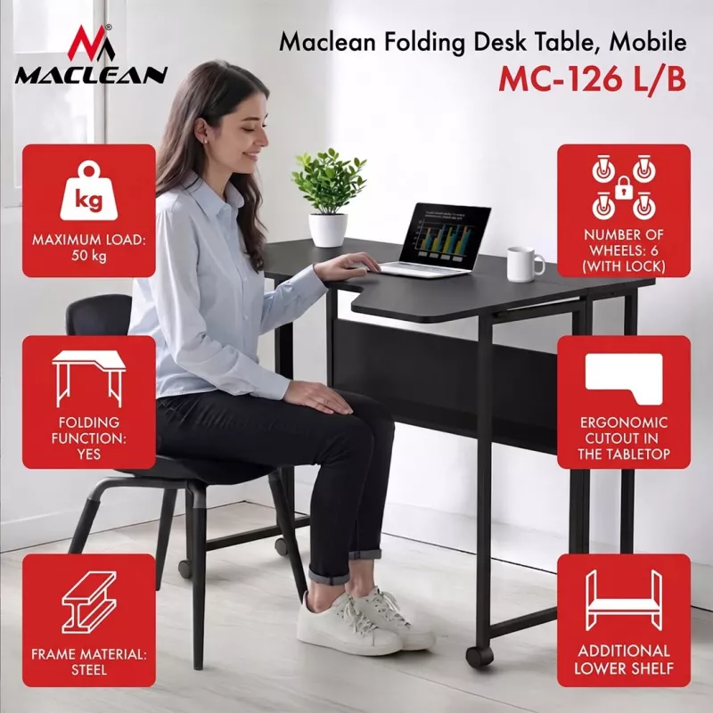 MCN Maclean Klapp-Schreibtisch/-Tisch, schwarz, mobil, 100x73 cm, max. 50 kg, gewinkelt, L-förmig, MC-126 L/B