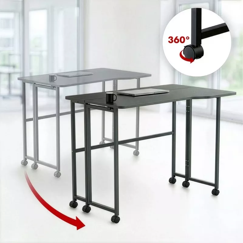 MCN Maclean MC-1250 L/B klappbarer L-förmiger Eck-Schreibtisch, schwarz, mobil, 100x65 cm, max 50 kg