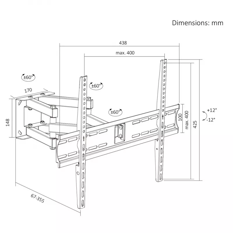 MCN Maclean MC-192 Vollbewegliche TV-Wandhalterung für 32-70 Zoll Bildschirme, 40 kg Tragkraft, VESA bis 400x400, Schwarz