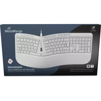 MediaRange MROS272 Ergonomische Kabelgebundene Tastatur, Split-Design, 124 Tasten, Integriertes Scrollrad, Weiß