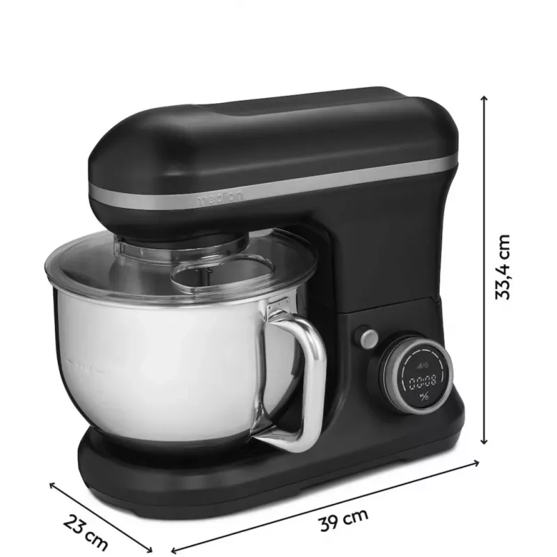 MEDION LIFE MD18420g Digitale Küchenmaschine 500W Motor, 1000W Heizung, 2,2L Schüssel, 10 Stufen + Turbo, LCD-Display, Edelstahl, Schwarz