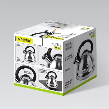 MEO MR-1313 MAESTRO 3,0 l Edelstahl Pfeifkessel für Herdplatten, induktionsgeeignet, Silber mit schwarzen Akzenten