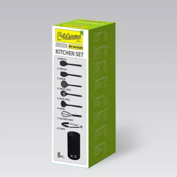 MEO MR-1542-BLACK MAESTRO 8-teiliges Küchenutensilien-Set mit drehbarem Edelstahlständer, schwarze Nylonköpfe