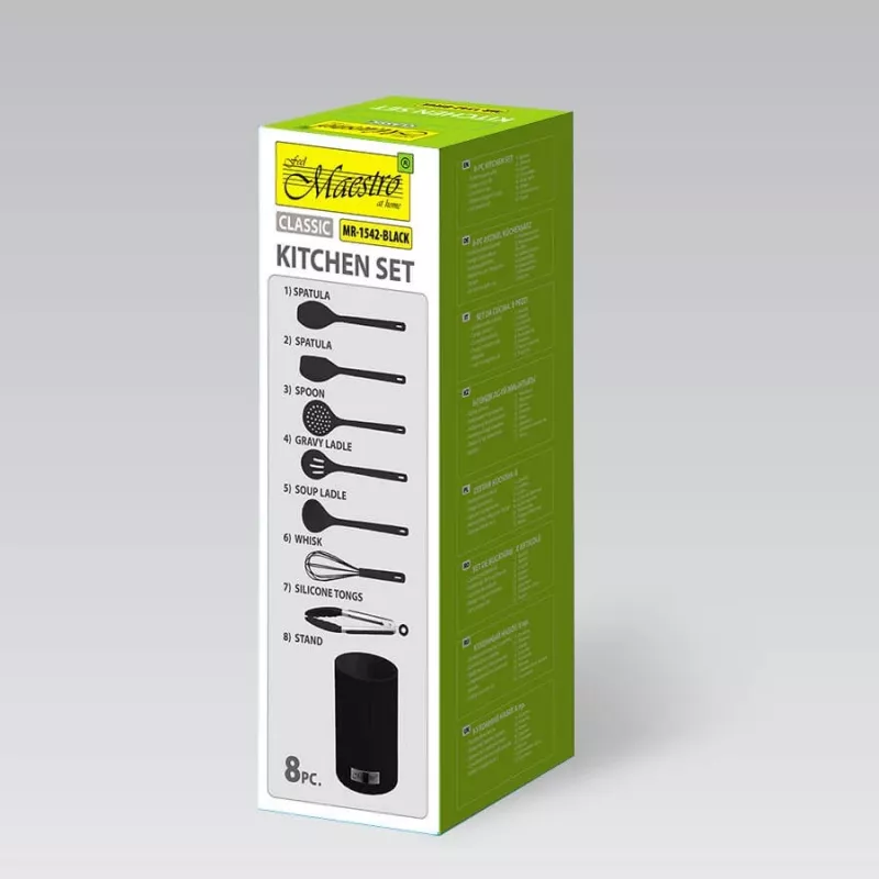 MEO MR-1542-BLACK MAESTRO 8-teiliges Küchenutensilien-Set mit drehbarem Edelstahlständer, schwarze Nylonköpfe