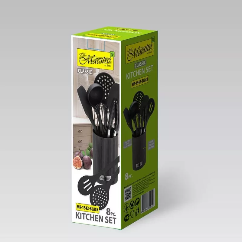 MEO MR-1542-BLACK MAESTRO 8-teiliges Küchenutensilien-Set mit drehbarem Edelstahlständer, schwarze Nylonköpfe