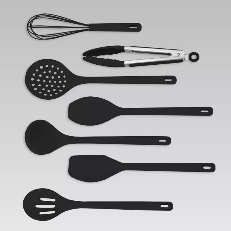 MEO MR-1542-BLACK MAESTRO 8-teiliges Küchenutensilien-Set mit drehbarem Edelstahlständer, schwarze Nylonköpfe