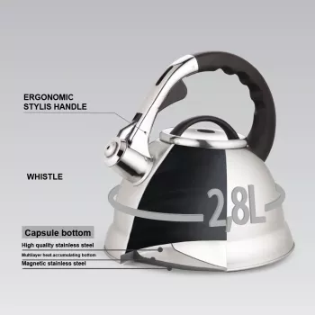 MEO Stovetop Kettle 2.8L MR-1328 MAESTRO Wasserkocher für Herdplatten aus Edelstahl mit Pfeiffunktion und hitzebeständigem Bakelit-Griff, für Induktion und alle Herdarten geeignet, Silber