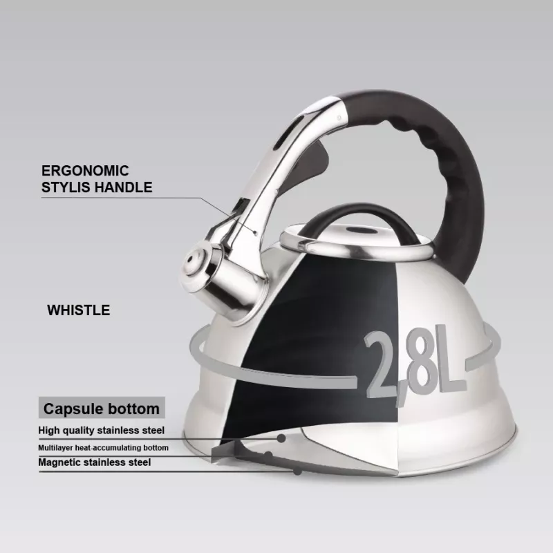 MEO Stovetop Kettle 2.8L MR-1328 MAESTRO Wasserkocher für Herdplatten aus Edelstahl mit Pfeiffunktion und hitzebeständigem Bakelit-Griff, für Induktion und alle Herdarten geeignet, Silber