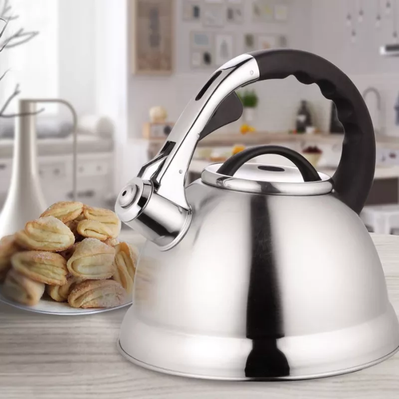 MEO Stovetop Kettle 2.8L MR-1328 MAESTRO Wasserkocher für Herdplatten aus Edelstahl mit Pfeiffunktion und hitzebeständigem Bakelit-Griff, für Induktion und alle Herdarten geeignet, Silber