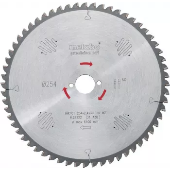 Metabo 628222000 Precision Cut Classic Kreissägeblatt 254x30x2,4mm, 60 Zähne, FZ/TR, negativer Spanwinkel, für KS 254 Plus, KGS 254 M, KGS 254 Plus, KGS 254 I Plus