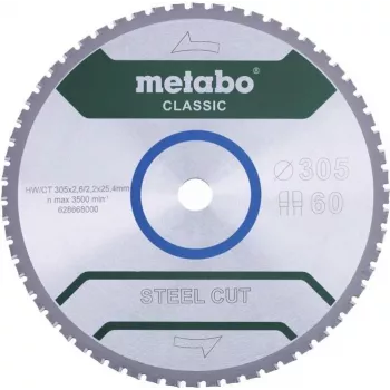 Metabo STEEL CUT CLASSIC Kreissägeblatt 305 x 25,4 x 2,2 mm, 60 Zähne, Wolframcarbid TCG, negativer Spanwinkel, für Trockenschnitt von Stahl 628668000