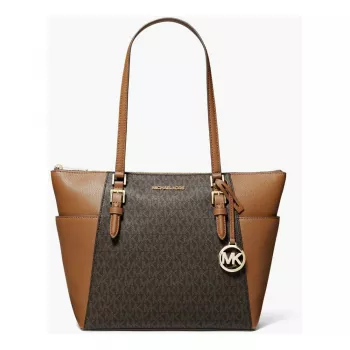 Michael Kors Carmen Damen Schultertasche - Braun Saffiano-Leder mit Goldfarbener Beschläge (25x28x11 cm)