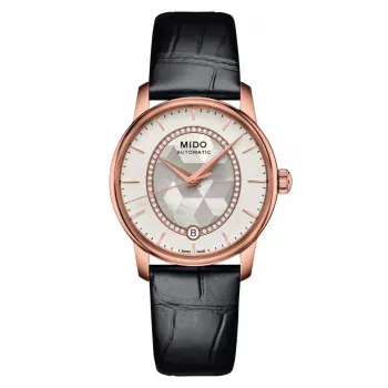 MIDO Baroncelli III Lady Automatikuhr 33mm Roségold PVD Weißes Perlmuttzifferblatt mit Diamantindizes Weißes Lederarmband