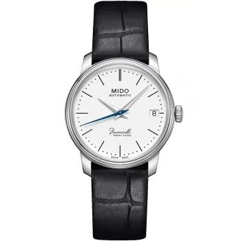 MIDO Baroncelli Lady Automatikuhr 33mm Edelstahl Weißes Zifferblatt Schwarzes Lederarmband M027207160100