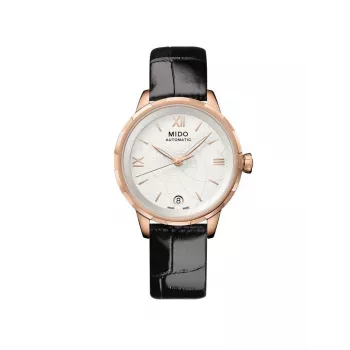MIDO Damen Automatikuhr M043207360180 34mm Roségold PVD Edelstahl Weißes Perlmuttzifferblatt Schwarzes Lederarmband Limited Edition