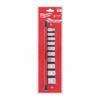 Milwaukee 10-teiliger 3/8 inch Zoll-Steckschlüsselsatz in Zollmaßen mit FOUR FLAT™ Anti-Roll-Design