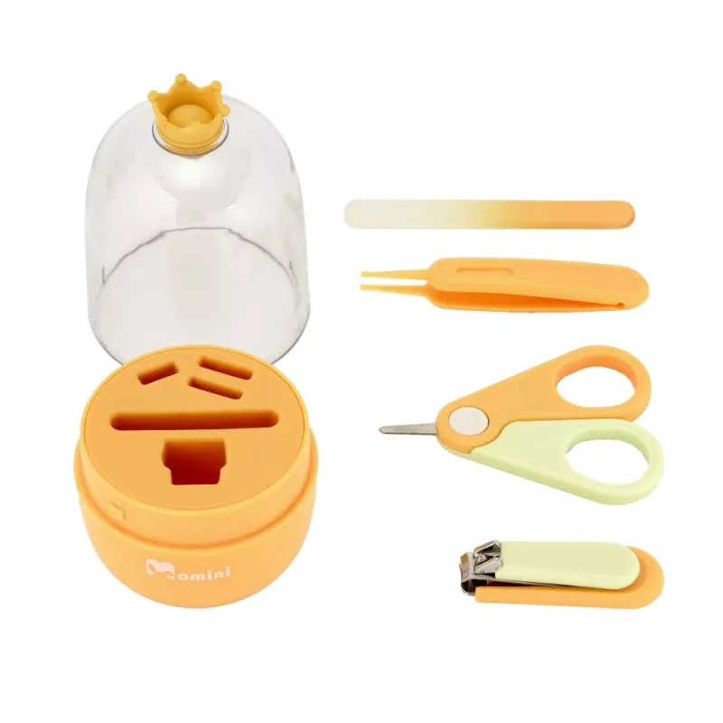 Momini Baby Nagelpflegeset Sunny - Elektrische Baby-Nagelfeile mit 6 Schleifköpfen, 2 Geschwindigkeiten, LED-Licht, Weiß/Gelb