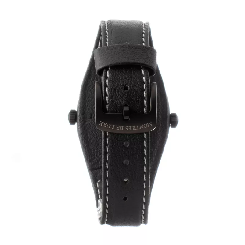 MONTRES DE LUXE Unisex Analog Quarz Uhr 09BK-3002 40mm Edelstahlgehäuse Schwarzes Lederarmband