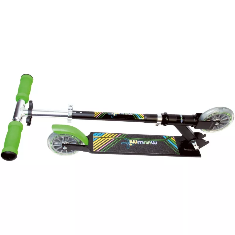 MUUWMI AU 102 Aluminium Tretroller Neon 125 mm mit LED-Leuchträdern, faltbar, ABEC 5 Kugellager, max. 50 kg, Neongrün/Schwarz