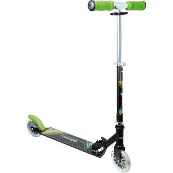 MUUWMI AU 102 Aluminium Tretroller Neon 125 mm mit LED-Leuchträdern, faltbar, ABEC 5 Kugellager, max. 50 kg, Neongrün/Schwarz