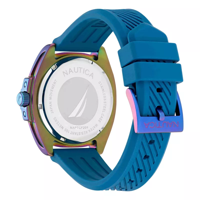 Nautica Herren Porthole Chronograph Quarzuhr NAPTCF201 44mm Blaues Zifferblatt Silikonarmband