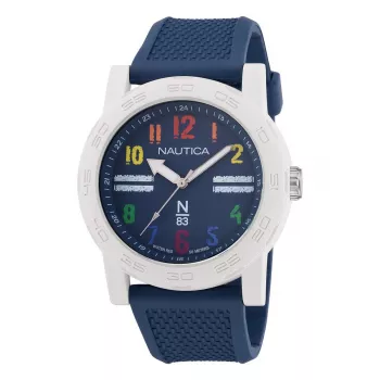 NAUTICA NAPATS304 Herren Quarz Analog Uhr, 42,5mm Edelstahlgehäuse, blaues Silikonband, 100m Wasserdichtigkeit