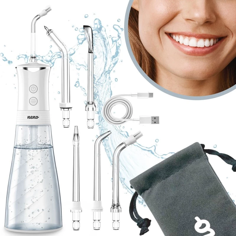 NENO Pulsar White Tragbarer Dental-Irrigator mit 300-ml-Tank, 3 Druckmodi, USB-C-Aufladung, IPX7 wasserdicht, 4 Düsen