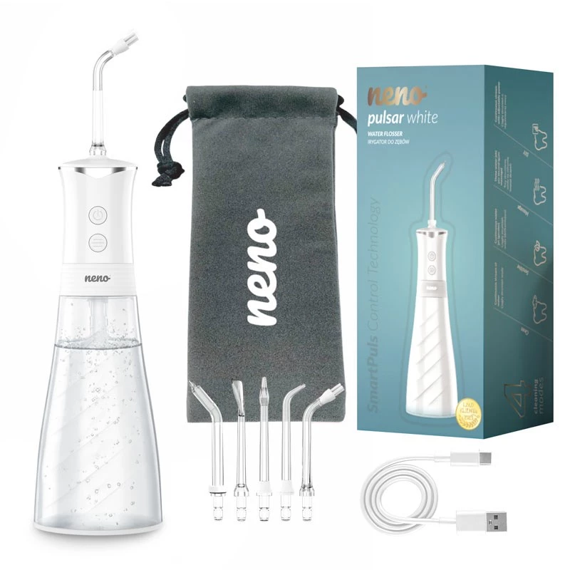 NENO Pulsar White Tragbarer Dental-Irrigator mit 300-ml-Tank, 3 Druckmodi, USB-C-Aufladung, IPX7 wasserdicht, 4 Düsen