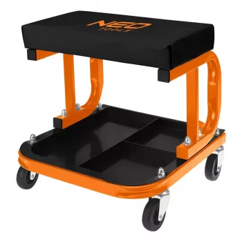 NEO TOOLS 11-604 Rollbarer Werkstatt-Hocker mit Werkzeugablage, pneumatische Höhenverstellung 380-500 mm, 135 kg Belastung, 5 Lenkrollen, ölbeständiger Vinylsitz