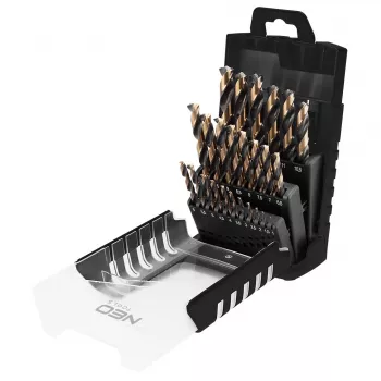 NEO TOOLS 25-teiliges HSS-CNC Metallbohrer-Set, 124° Spitzenwinkel, Pro-Tec, 1,0–13,0 mm