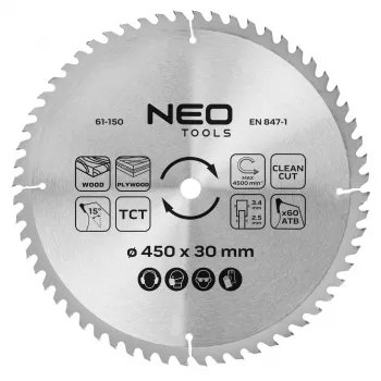 NEO TOOLS 450 mm TCT Kreissägeblatt, 60 Zähne, 30 mm Bohrung, für Holz