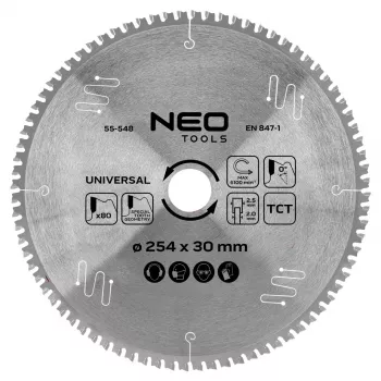 NEO TOOLS 55-548 Kreissägeblatt mit Hartmetallspitzen, 254 mm x 30 mm, 80 Zähne, Universal