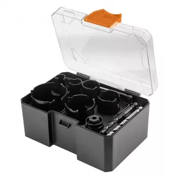 NEO TOOLS 57-923 Lochsägen-Set mit Hartmetallspitze, 11-teilig (20–64 mm), mit 2 Aufnahmen und Koffer