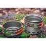 NEO TOOLS 63-144 7-teiliges Camping-Kochgeschirr-Set aus eloxiertem Aluminium mit abnehmbarem Griff, 2 Töpfen, Bratpfanne, Deckel, Reinigungsschwamm und Netzbeutel