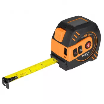 NEO TOOLS 67-100 Laser-Entfernungsmesser mit 5 m Maßband, 40 m Reichweite, IP54, hintergrundbeleuchtetes LCD, Laserklasse 2, 2 x AAA