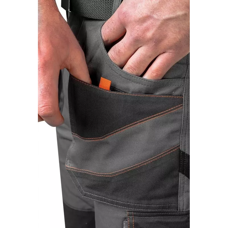 NEO TOOLS 81-325-S Schutzhose, Größe S, Grau mit orangen Akzenten, 65% Polyester 35% Baumwolle, 245 g/m², 9 Taschen, Knieschutztaschen, EN ISO 13688:2013