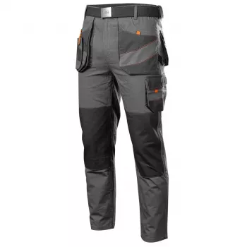 NEO TOOLS 81-325-S Schutzhose, Größe S, Grau mit orangen Akzenten, 65% Polyester 35% Baumwolle, 245 g/m², 9 Taschen, Knieschutztaschen, EN ISO 13688:2013
