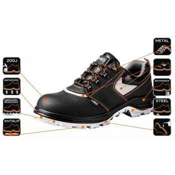 NEO TOOLS 82-018 S1P SRC Sicherheitsschuhe, niedrig geschnitten, mit Stahlkappe und Durchtrittschutz, Grau/Schwarz, Größe 42
