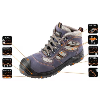 NEO TOOLS 82-046 S1P SRC Sicherheitsschuhe mit Stahlkappe und Durchtrittschutz, aus Veloursleder und Mesh, Schwarz/Grau, EU 39-47