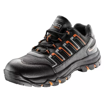 NEO TOOLS 82-718 S1P SRC Sicherheitsschuhe, niedrig geschnitten, mit Stahlkappe und Durchtrittschutz, Veloursleder, Schwarz/Grau