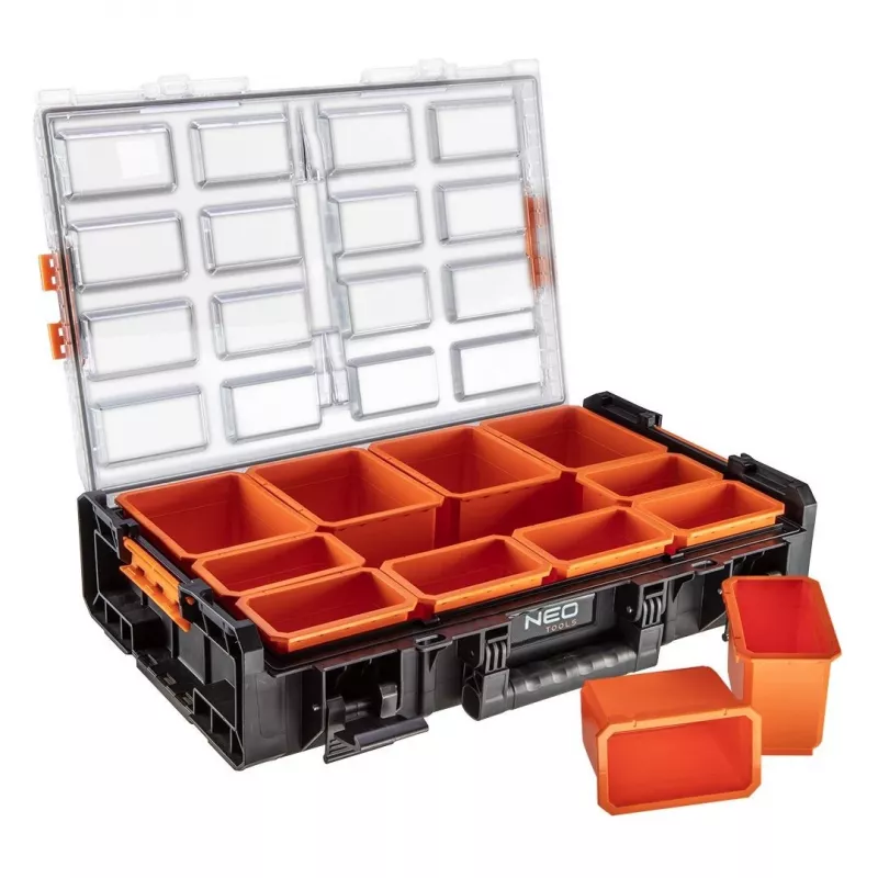 NEO Tools 84-268 Aufbewahrungsbox für Kunst- und Bastelbedarf mit 18 verstellbaren Fächern, transparentem Deckel und Tragegriff