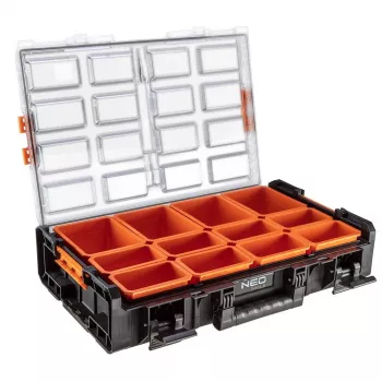 NEO Tools 84-268 Aufbewahrungsbox für Kunst- und Bastelbedarf mit 18 verstellbaren Fächern, transparentem Deckel und Tragegriff
