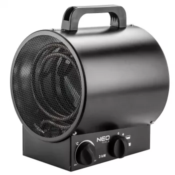 NEO Tools 90-066 2000W PTC-Keramik-Heizlüfter mit einstellbarem Thermostat, Überhitzungsschutz, Kippschutzschalter, 2 Heizstufen, Nur-Lüfter-Modus, freistehend, Schwarz/Grau